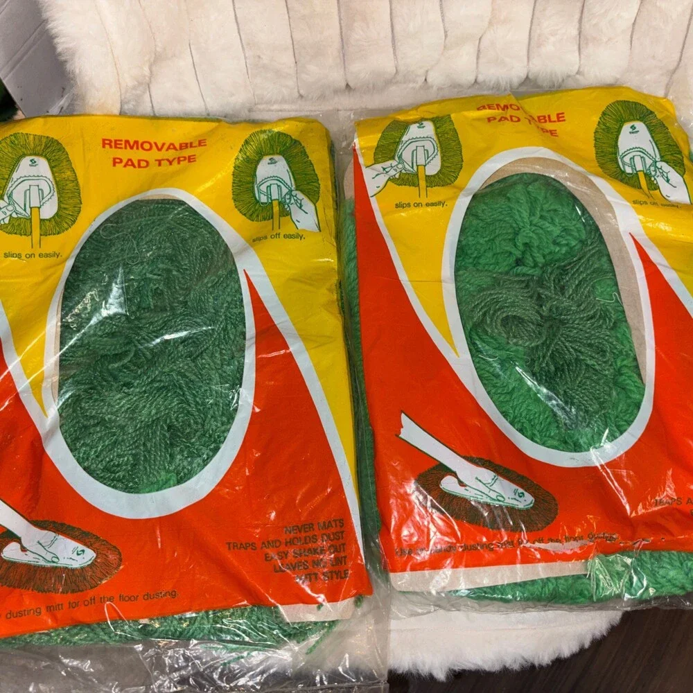 2 Pack Vintage Green Yarn Dust Mop Pad Refills - New Old Stock Sealed